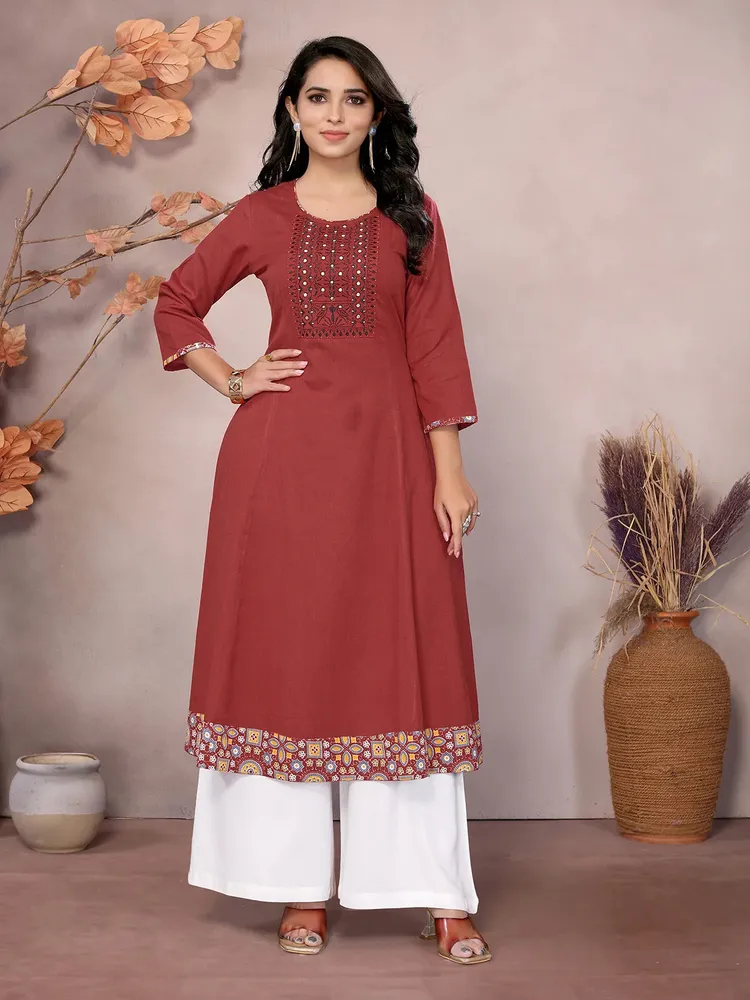 Rangita Women Maroon Cotton Embroidered Calf Length Flared Kurta