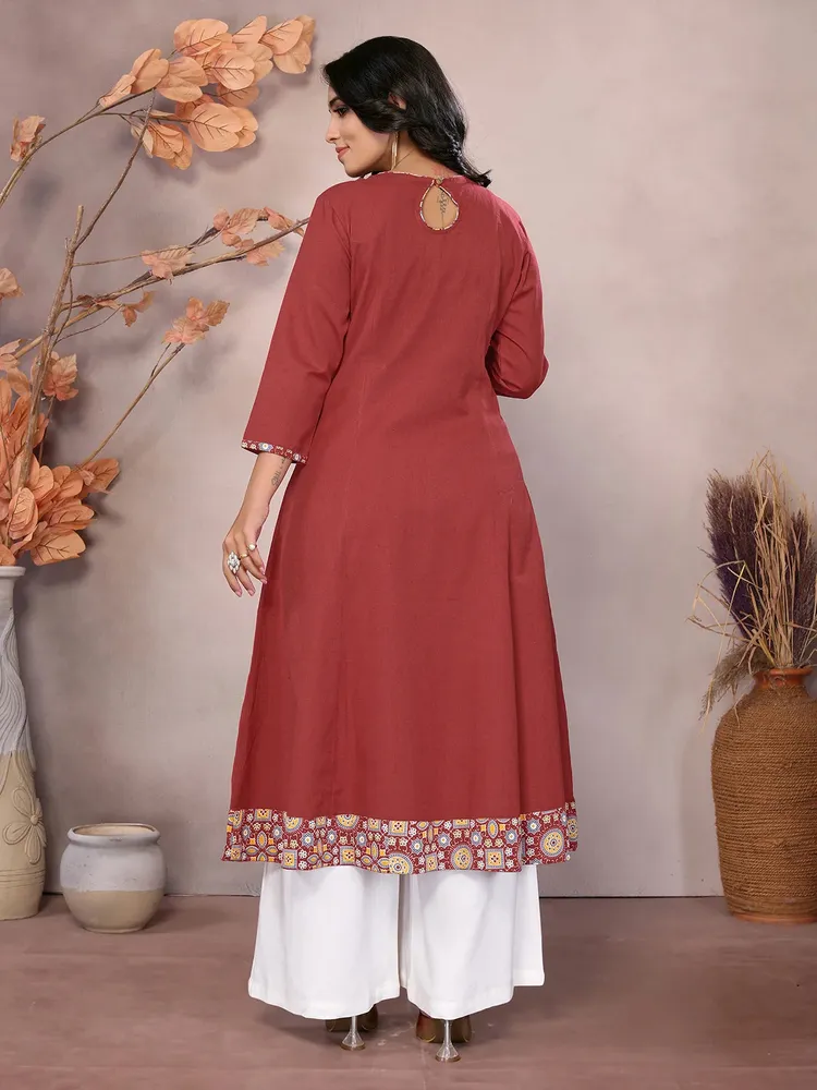 Rangita Women Maroon Cotton Embroidered Calf Length Flared Kurta