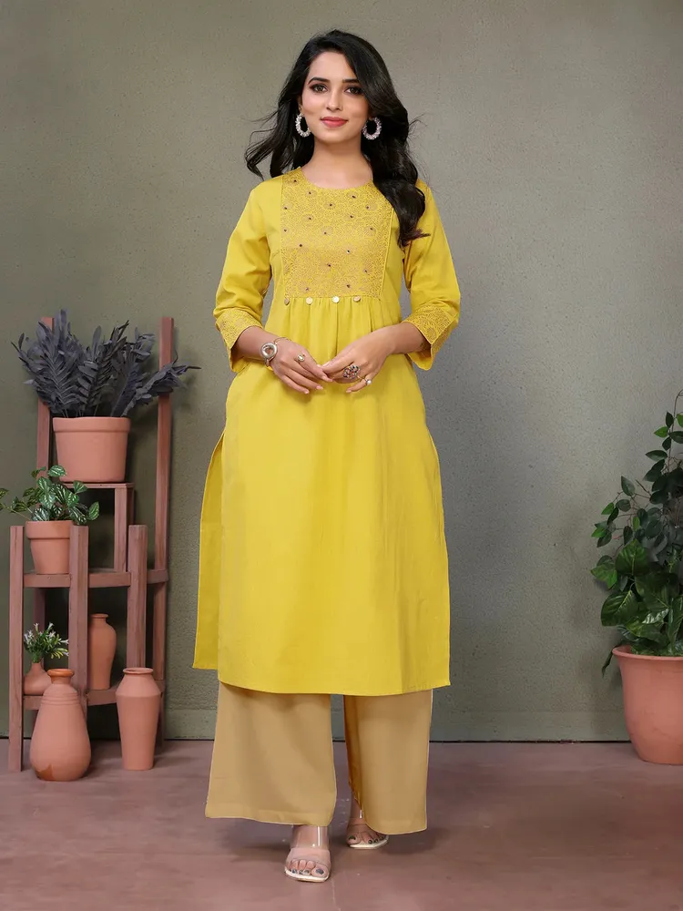 Rangita Women Yellow Cotton Printed Calf Length Straight Kurta