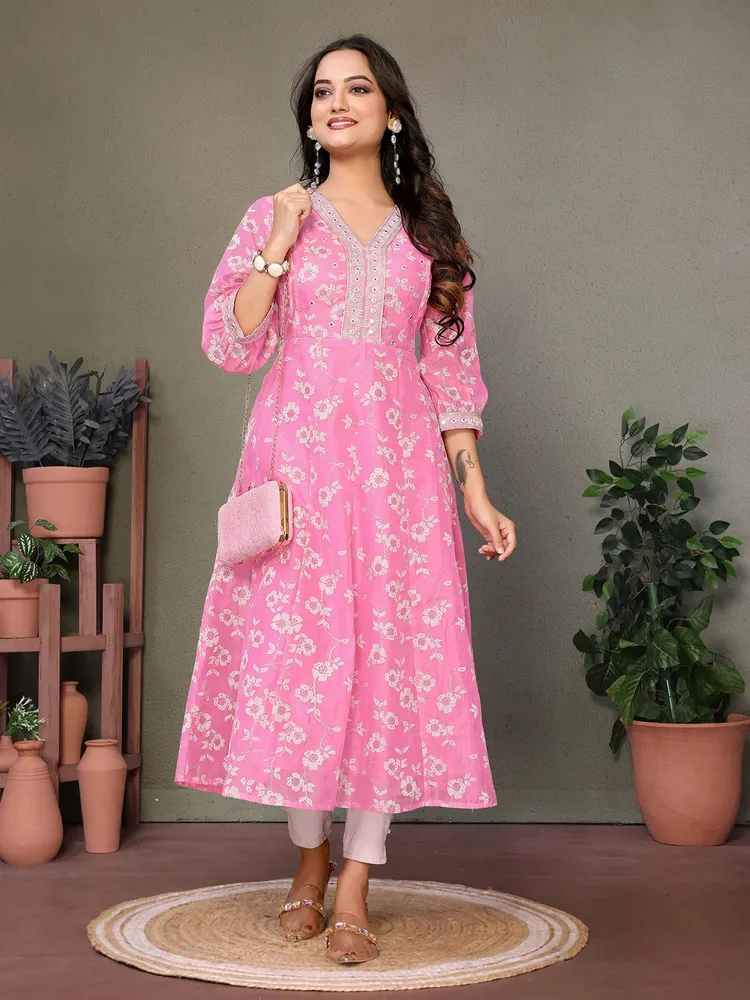 Rangita Women Pink Chanderi Embroidered Calf Length Anarkali Kurta