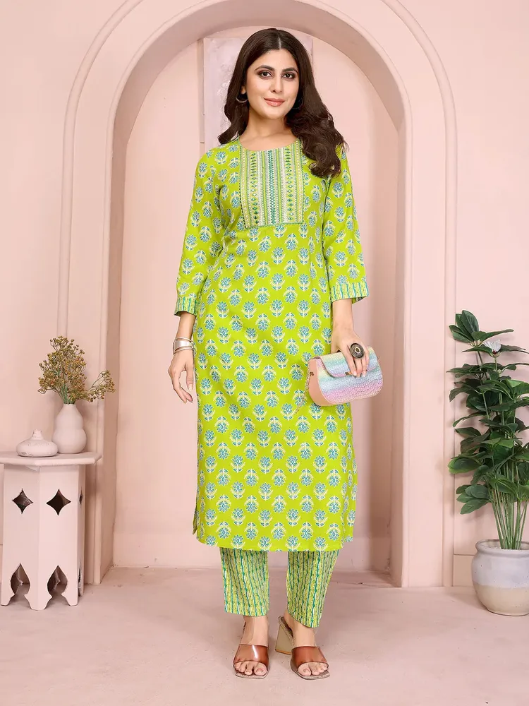 Rangita Women Green Rayon Embroidered Straight Calf Length Kurta with Pant