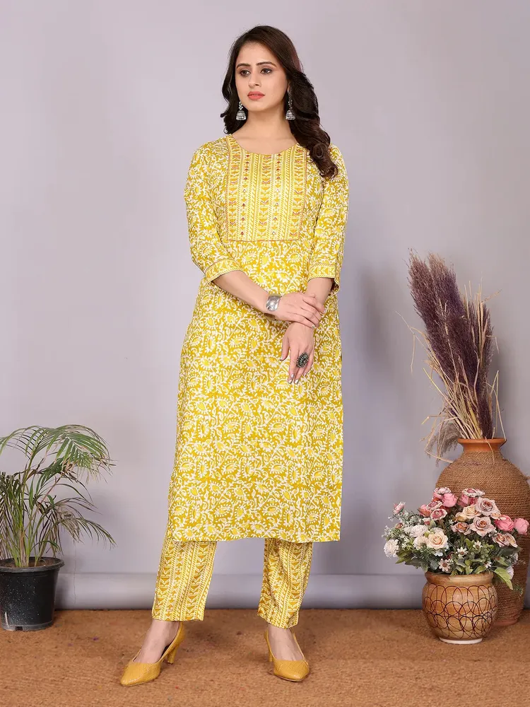 Rangita Women Yellow Rayon Embellished Straight Calf Length Kurta with Pant