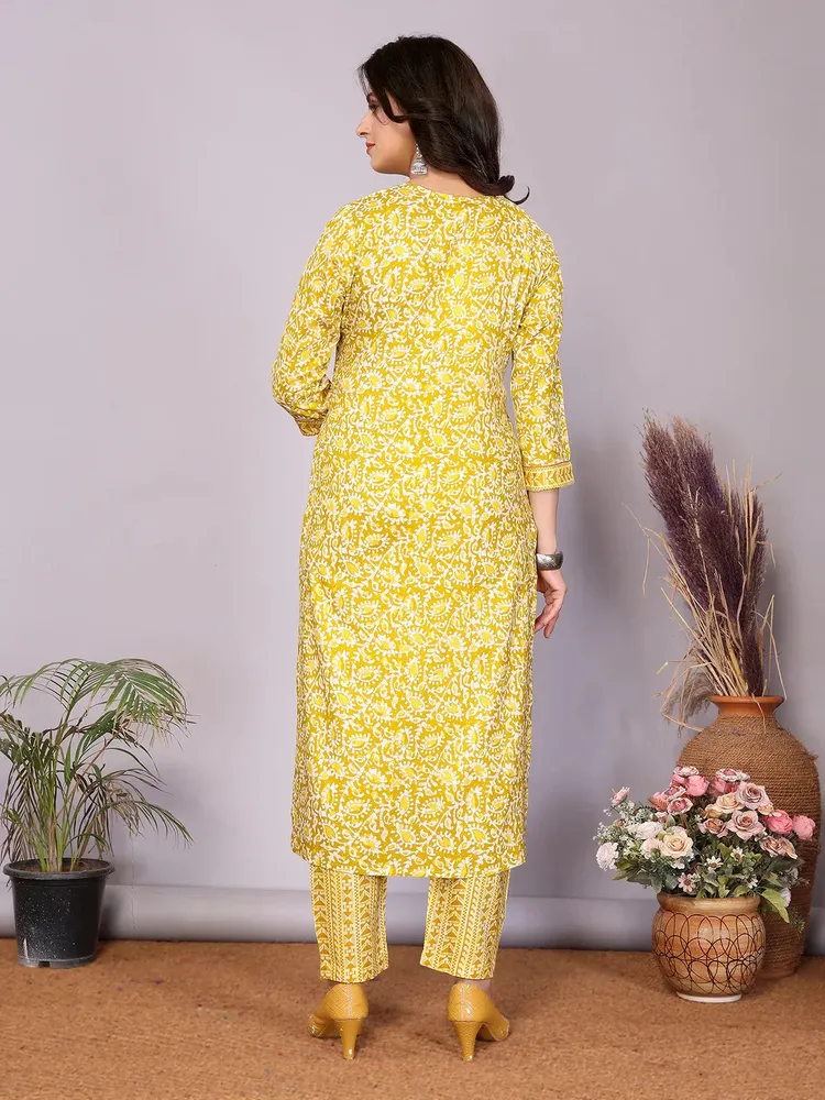 Rangita Women Yellow Rayon Embellished Straight Calf Length Kurta with Pant