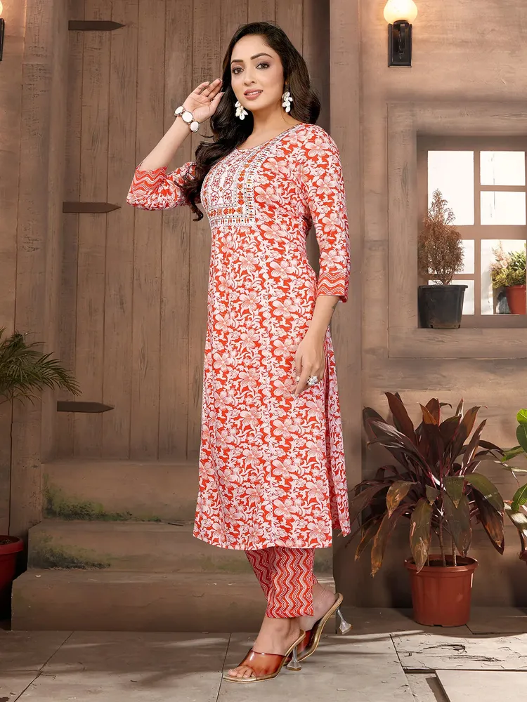 Rangita Women Orange Rayon Embroidered Straight Calf Length Kurta with Pant