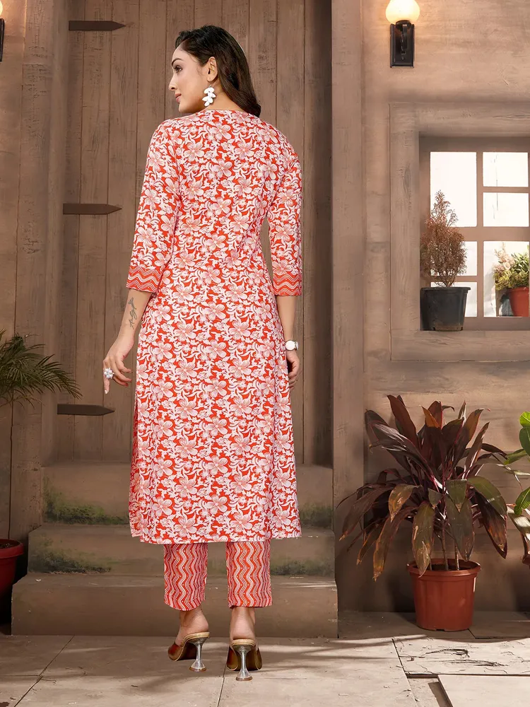 Rangita Women Orange Rayon Embroidered Straight Calf Length Kurta with Pant