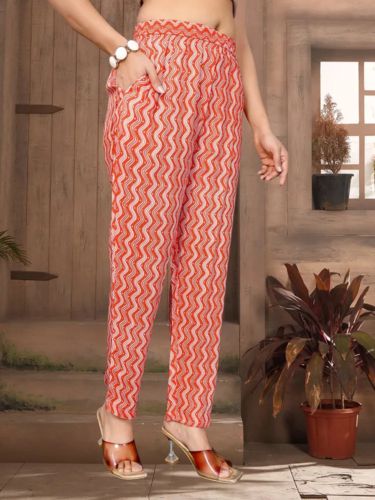 Rangita Women Orange Rayon Embroidered Straight Calf Length Kurta with Pant