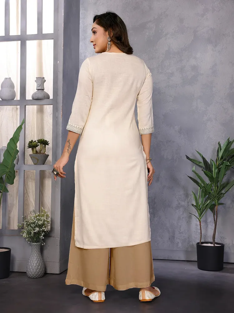 Rangita Women Off White Rayon Embroidered Straight Calf Length Kurta