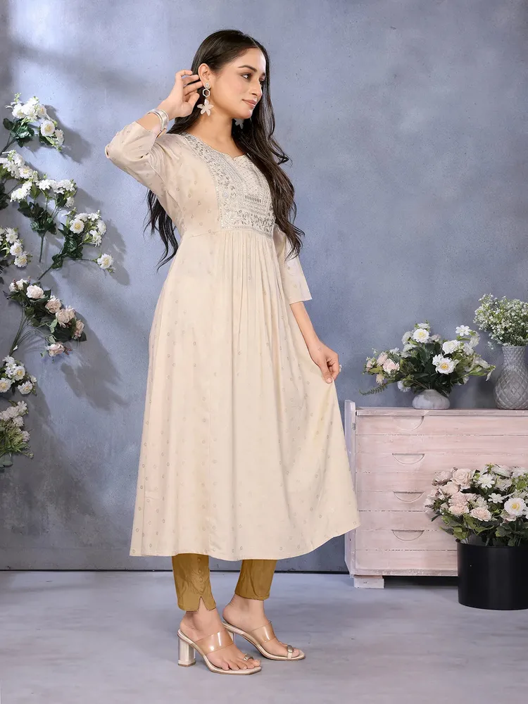 Rangita Women Beige Rayon Embroidered Flared Calf Length Kurta