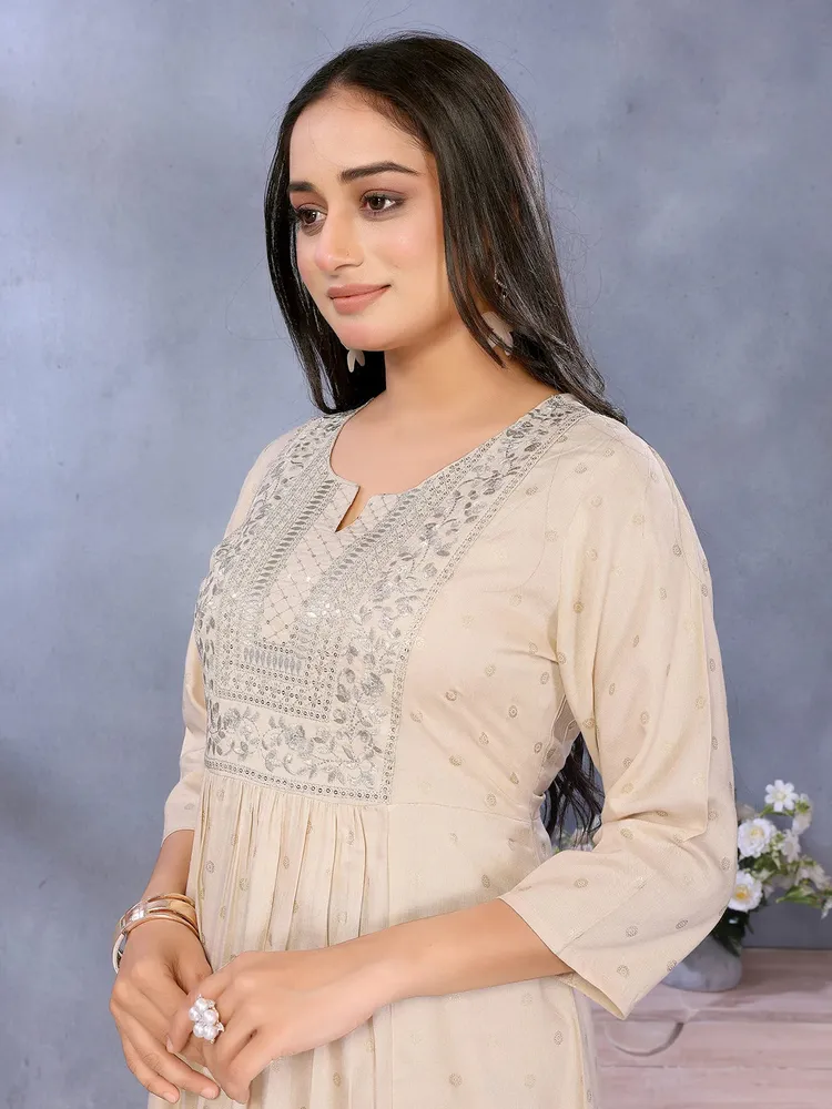 Rangita Women Beige Rayon Embroidered Flared Calf Length Kurta