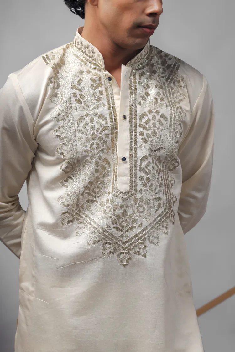 Cream Foild Work Kurta