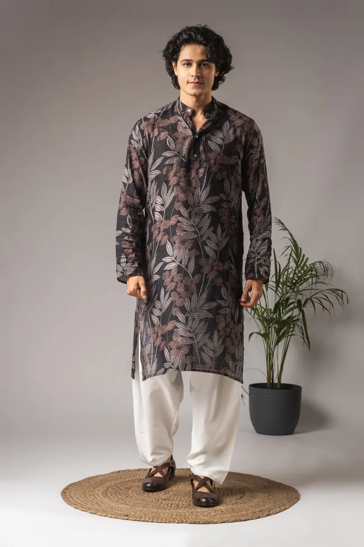 Black Abstract Print Work Kurta