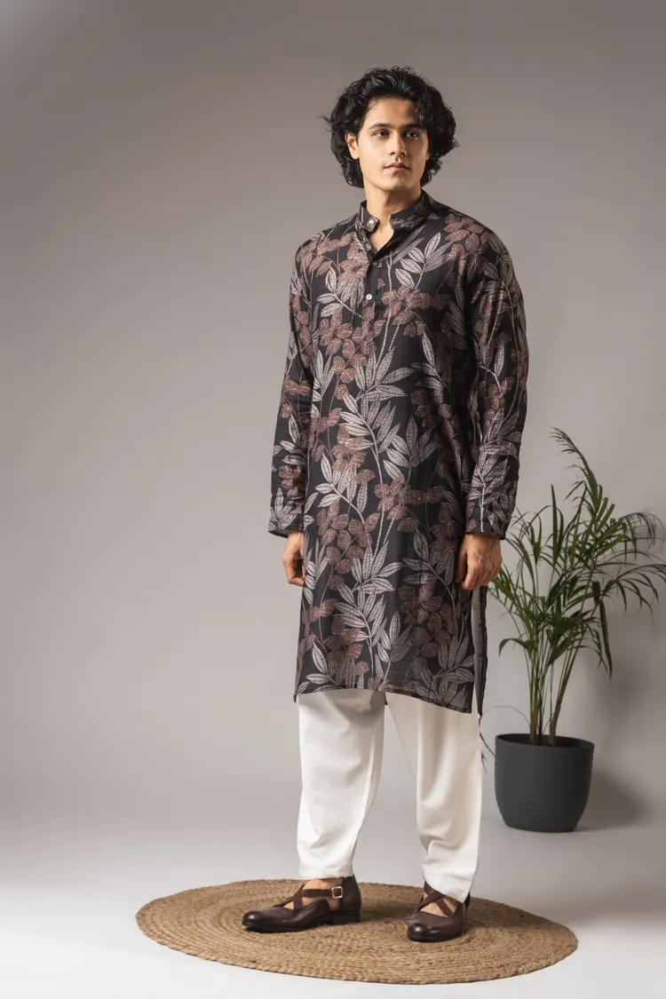 Black Abstract Print Work Kurta