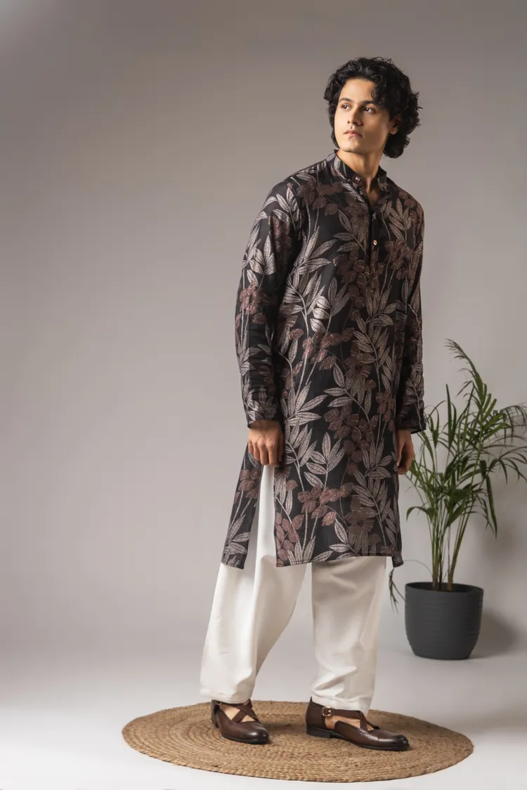 Black Abstract Print Work Kurta