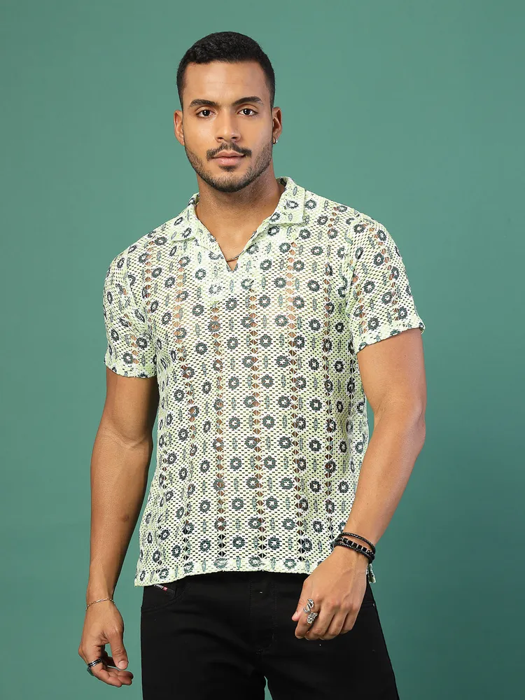 Rigo Men Floral Crochet Polo T-Shirt