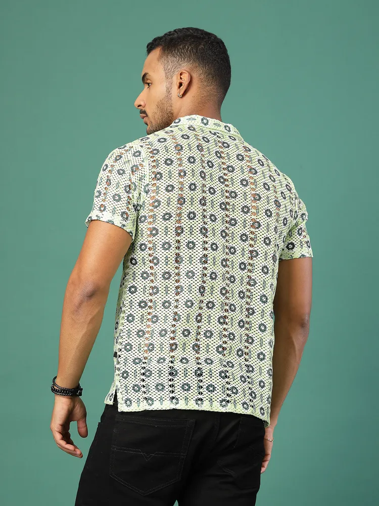 Rigo Men Floral Crochet Polo T-Shirt