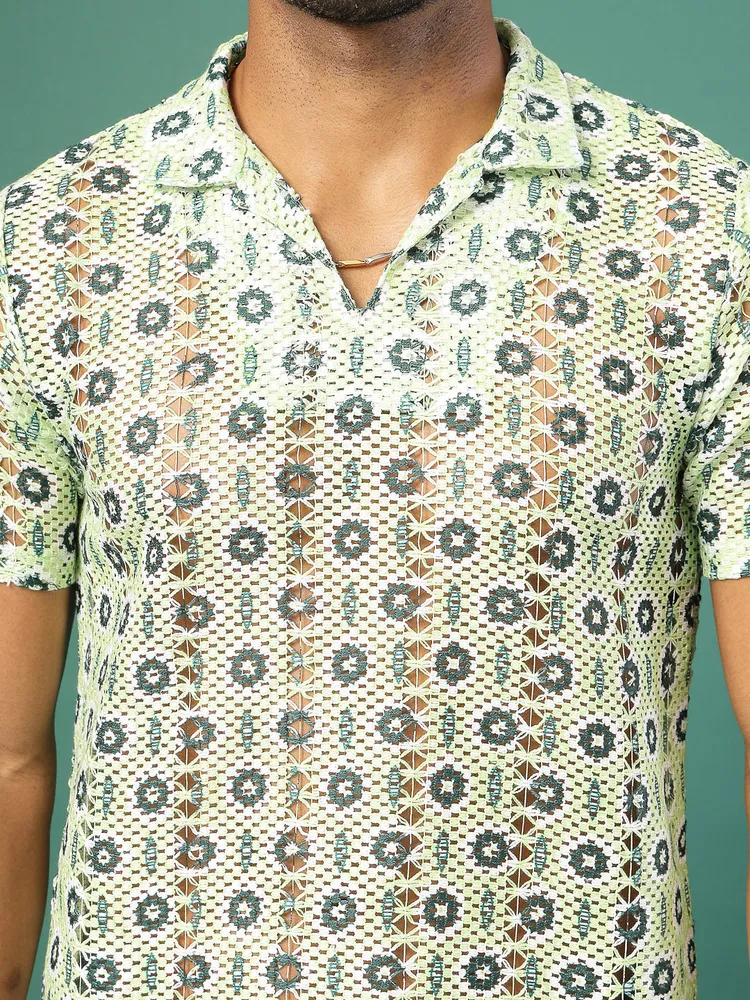 Rigo Men Floral Crochet Polo T-Shirt