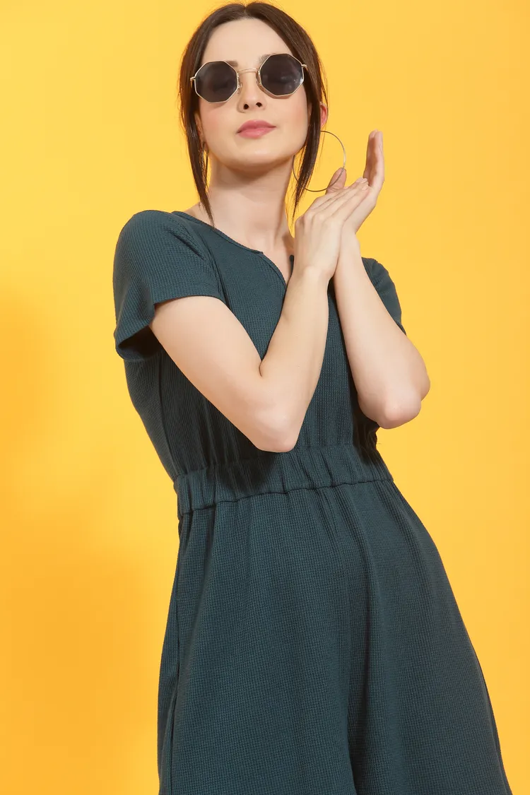 Self Textured Playsuit With Split Crew Neck