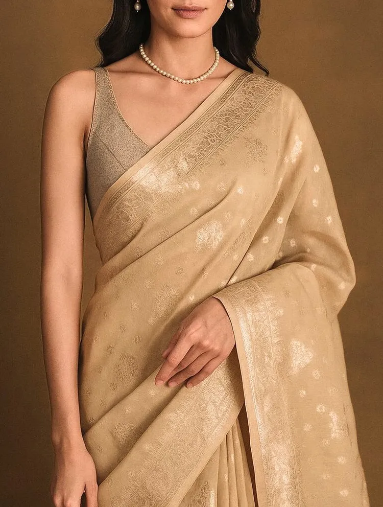Regal Odessey Woven Zari Ecru Saree With Blouse