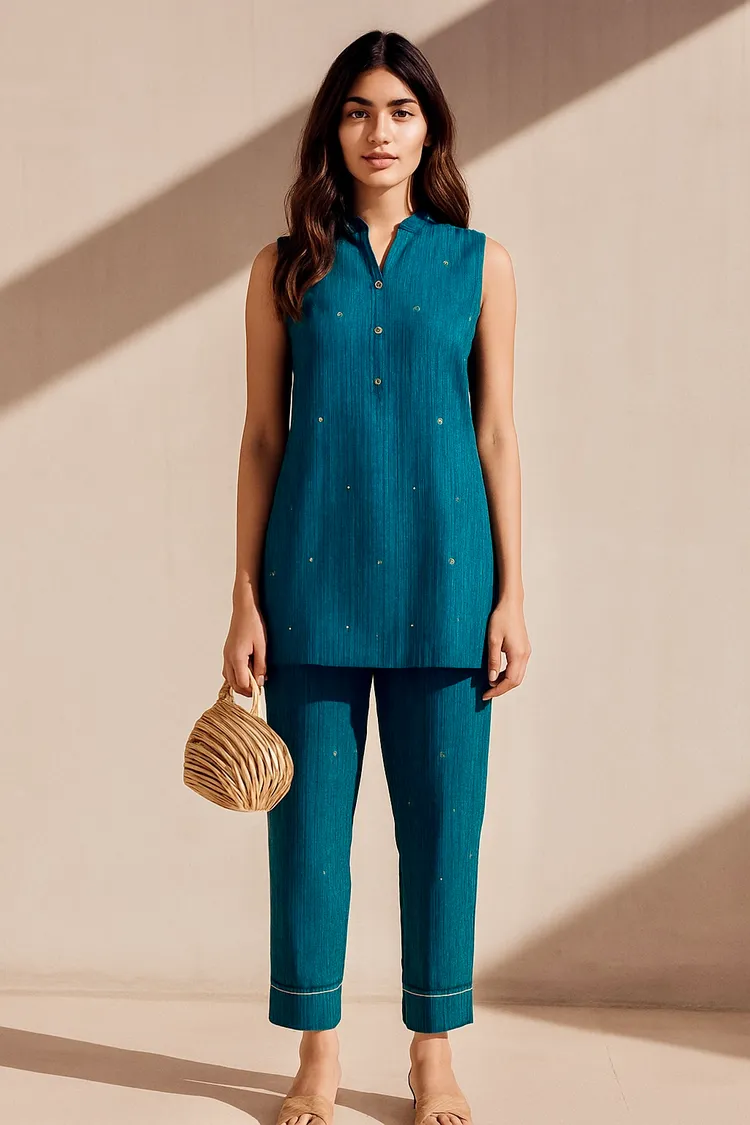 Teal Jacquard Sleeveless Co-ord Set