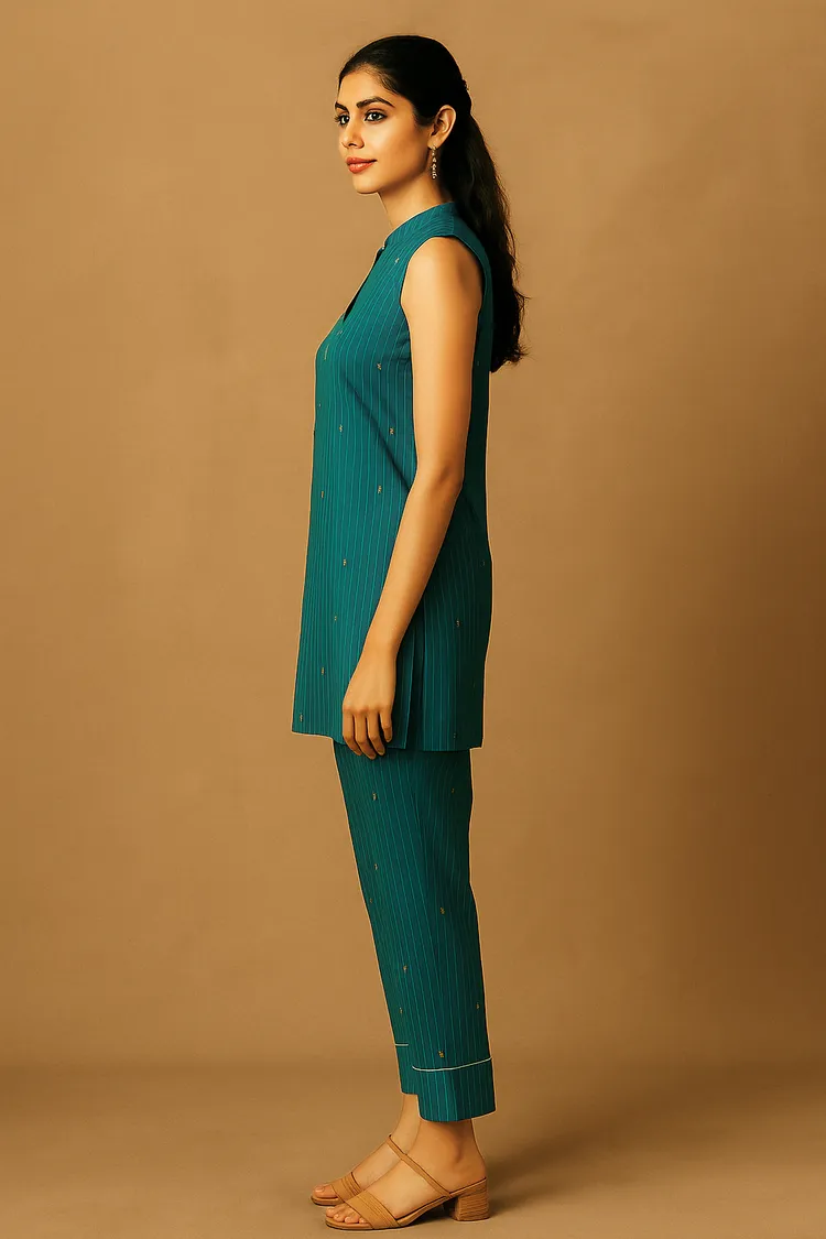 Teal Jacquard Sleeveless Co-ord Set