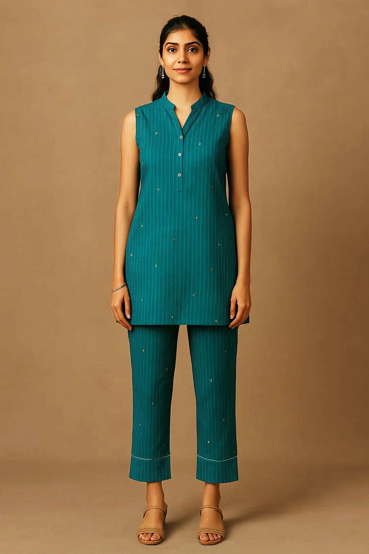 Teal Jacquard Sleeveless Co-ord Set