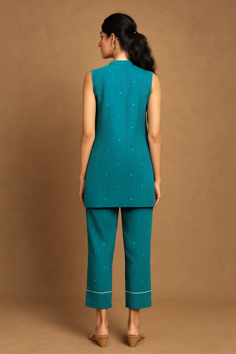 Teal Jacquard Sleeveless Co-ord Set