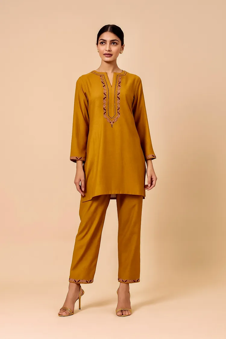 Ornate Oasis Mustard Embroidered Kurta Set