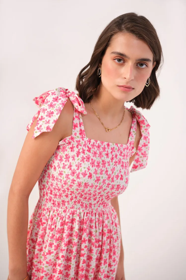 Floral Printed Smock Mini Dress with Bow Straps