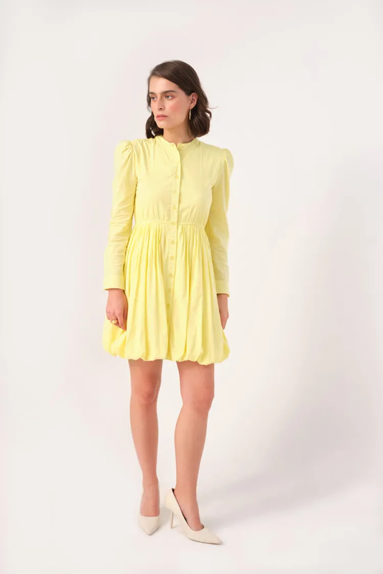 Bubble Hem Yellow Mini Balloon Dress