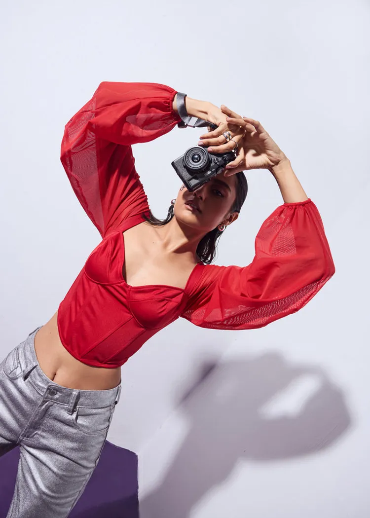 Stretchable Corset Top with Mesh Sleeves