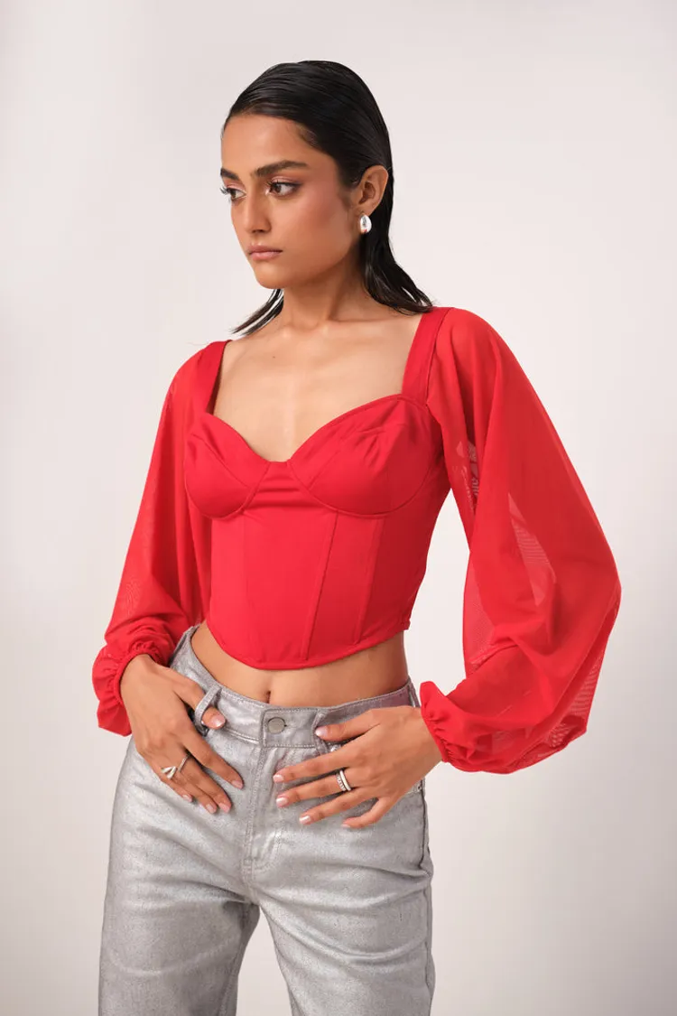 Stretchable Corset Top with Mesh Sleeves