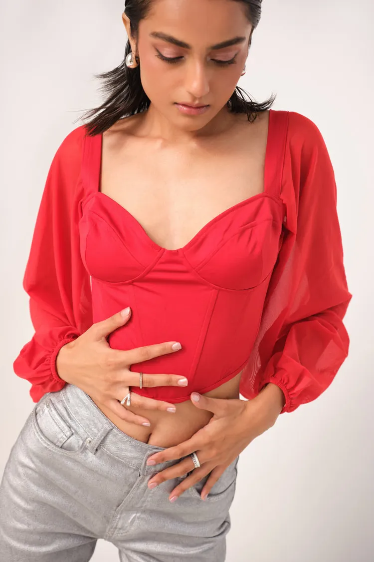 Stretchable Corset Top with Mesh Sleeves