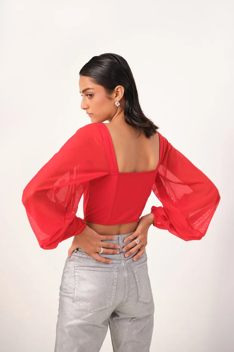 Stretchable Corset Top with Mesh Sleeves