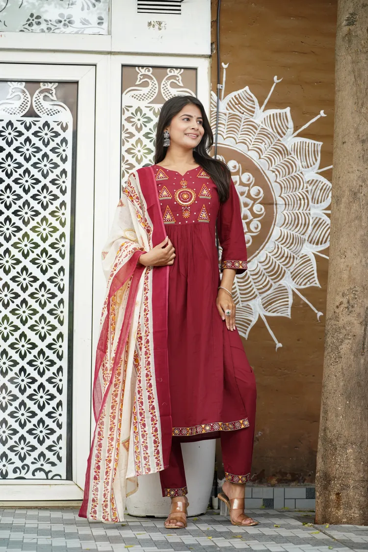 PREMIUM COTTON MAROON EMBROIDERED SUIT 3 PC. SET