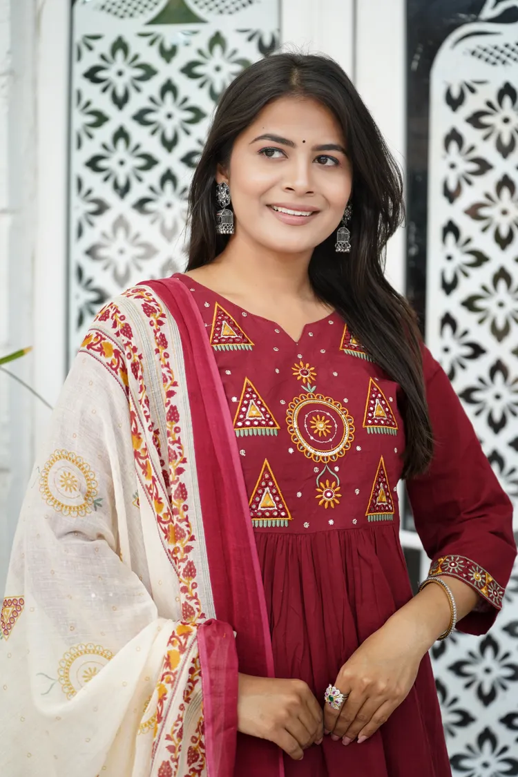 PREMIUM COTTON MAROON EMBROIDERED SUIT 3 PC. SET