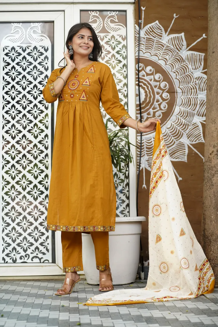 PREMIUM COTTON MUSTARD EMBROIDERED SUIT 3 PC. SET