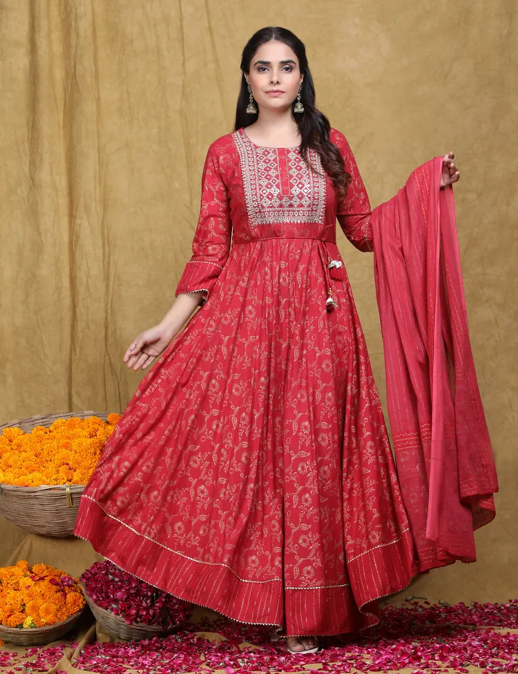 PREMIUM RAYON RED ANARKALI SUIT 3 PC. SET