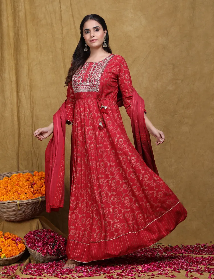 PREMIUM RAYON RED ANARKALI SUIT 3 PC. SET