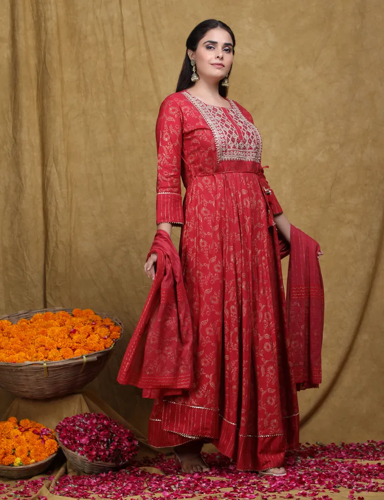 PREMIUM RAYON RED ANARKALI SUIT 3 PC. SET