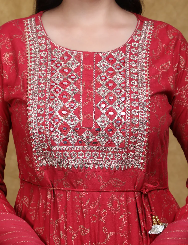 PREMIUM RAYON RED ANARKALI SUIT 3 PC. SET