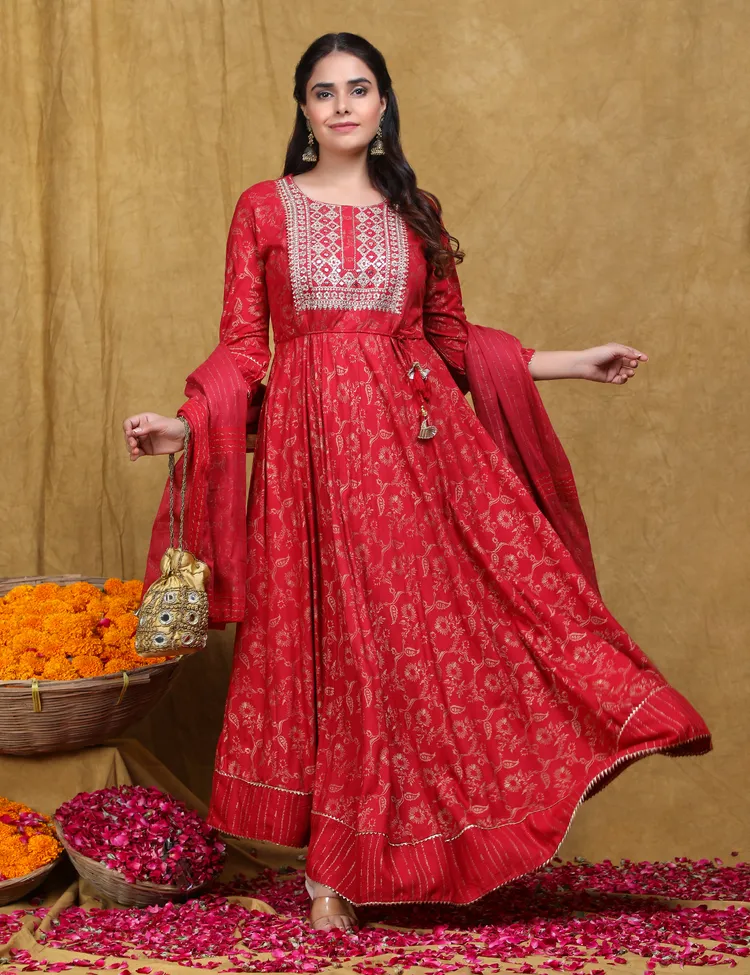 PREMIUM RAYON RED ANARKALI SUIT 3 PC. SET