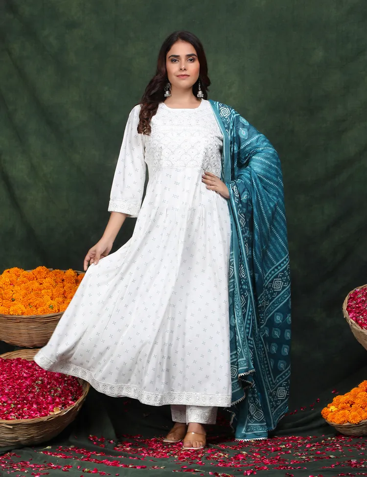 PREMIUM RAYON WHITE ANARKALI SUIT 3 PC. SET