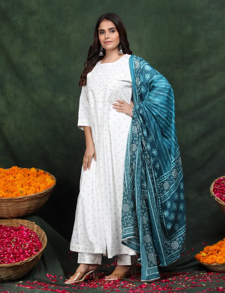 PREMIUM RAYON WHITE ANARKALI SUIT 3 PC. SET