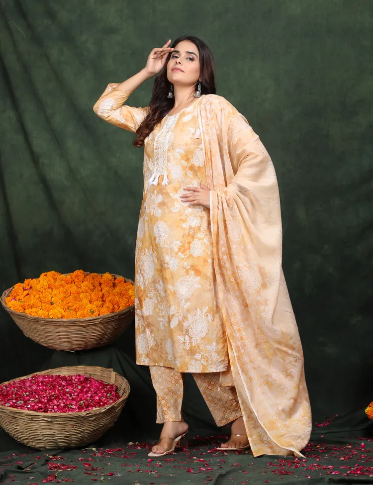 PREMIUM COTTON A-LINE YELLOW FLORAL SUIT 3 PC. SET