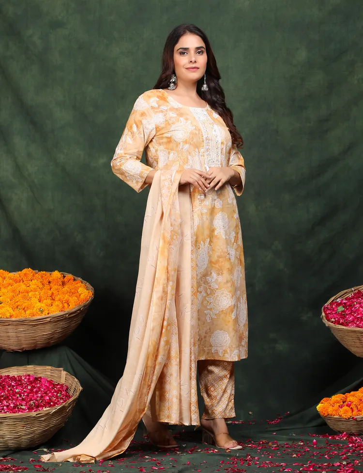 PREMIUM COTTON A-LINE YELLOW FLORAL SUIT 3 PC. SET