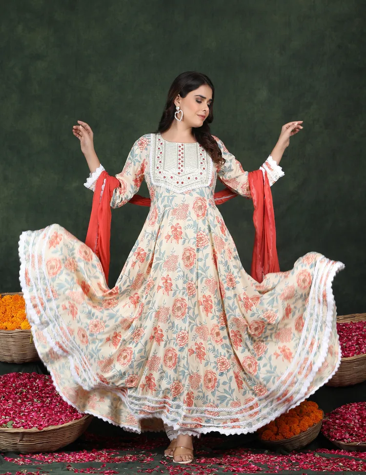 PREMIUM RAYON ORANGE ANARKALI SUIT 3 PC. SET