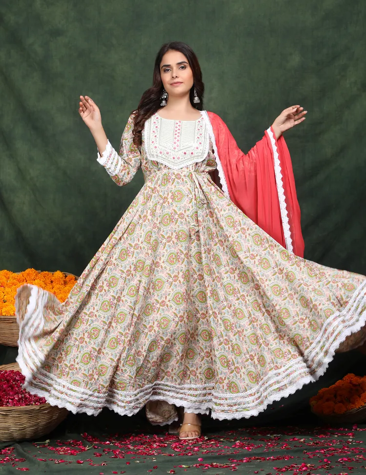 PREMIUM RAYON BEIGE ANARKALI SUIT 3 PC. SET