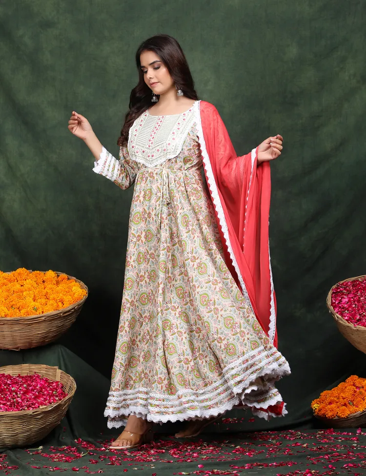 PREMIUM RAYON BEIGE ANARKALI SUIT 3 PC. SET