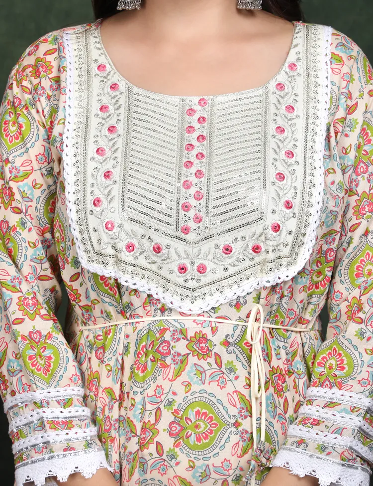 PREMIUM RAYON BEIGE ANARKALI SUIT 3 PC. SET