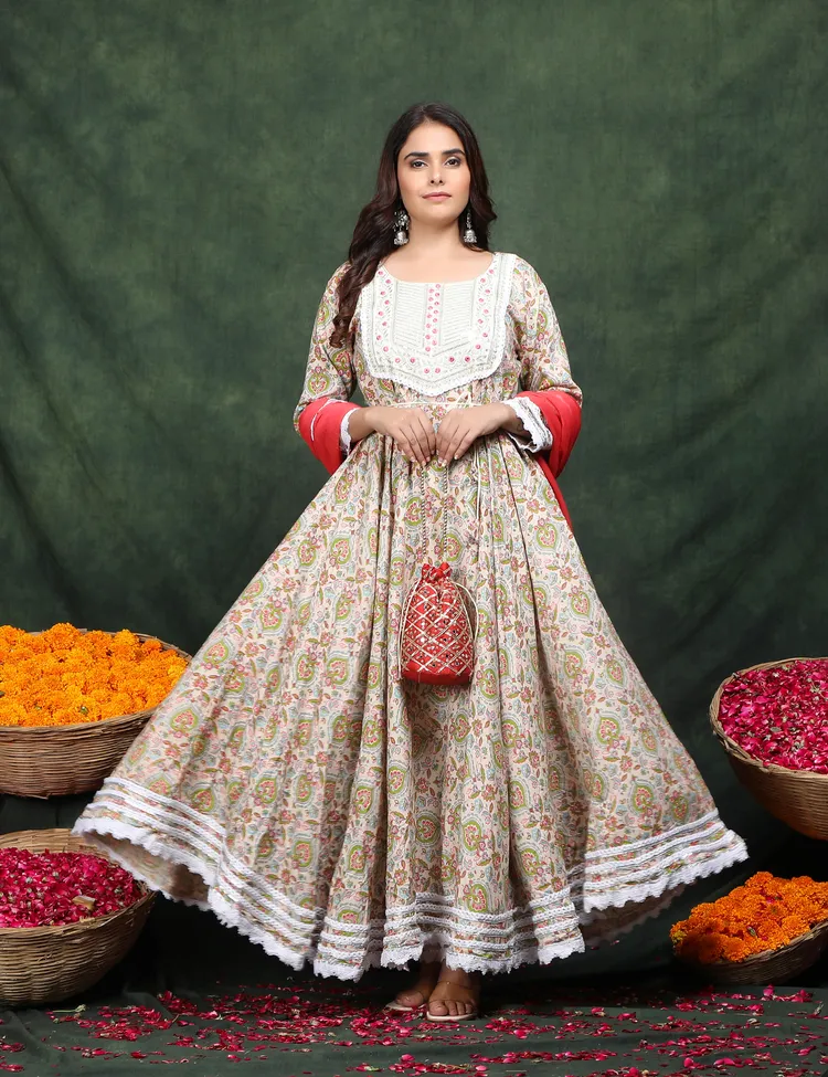 PREMIUM RAYON BEIGE ANARKALI SUIT 3 PC. SET